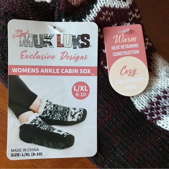 Muk Luks Ankle Cabin Sox Slipper Socks, Faux Sherpa Fur Lining, Size L/XL (8-10) - Picture 3 of 4